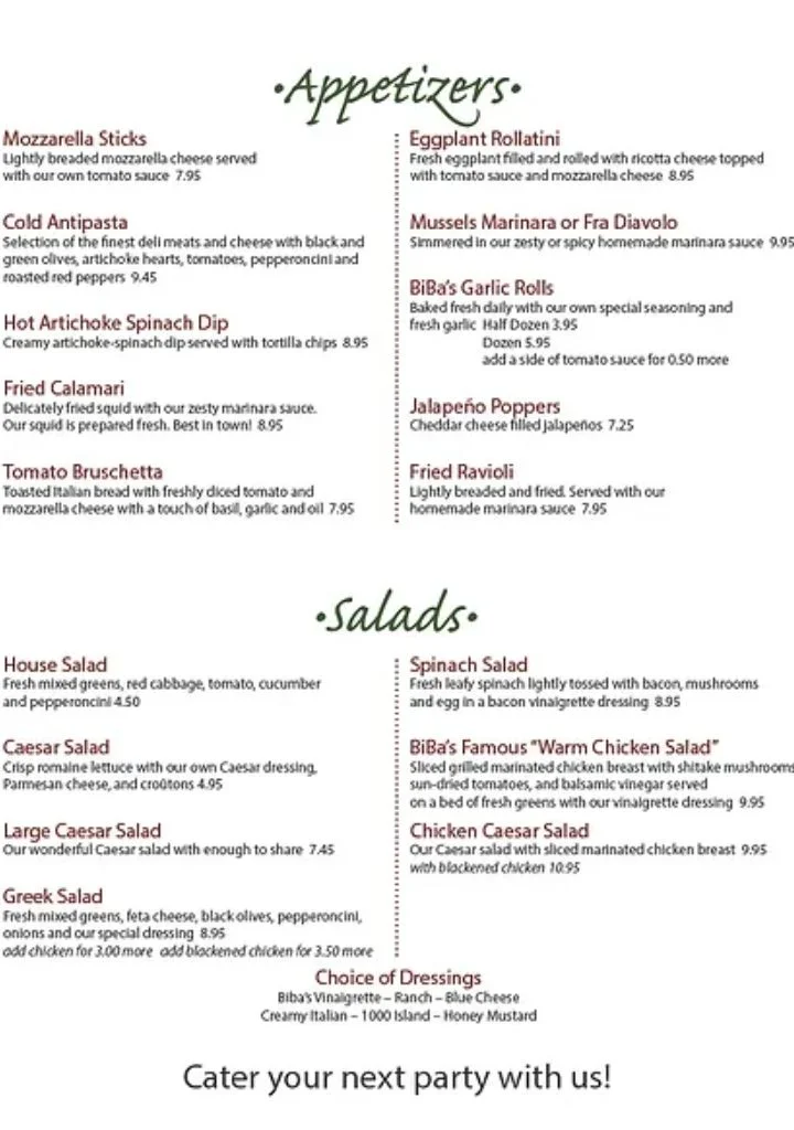 Appetizer menu