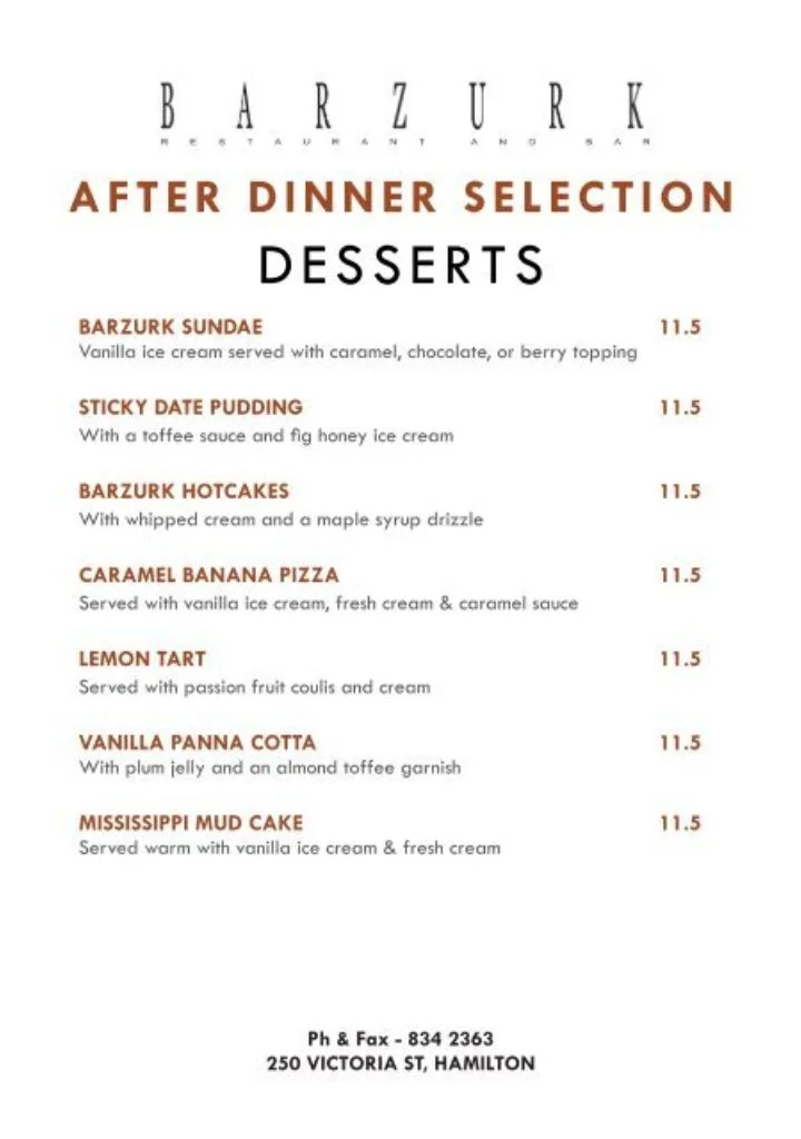 Desserts menu