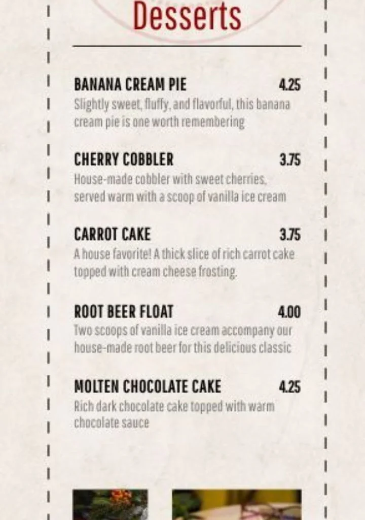 Desserts menu