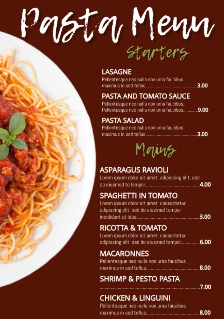 Pasta menu