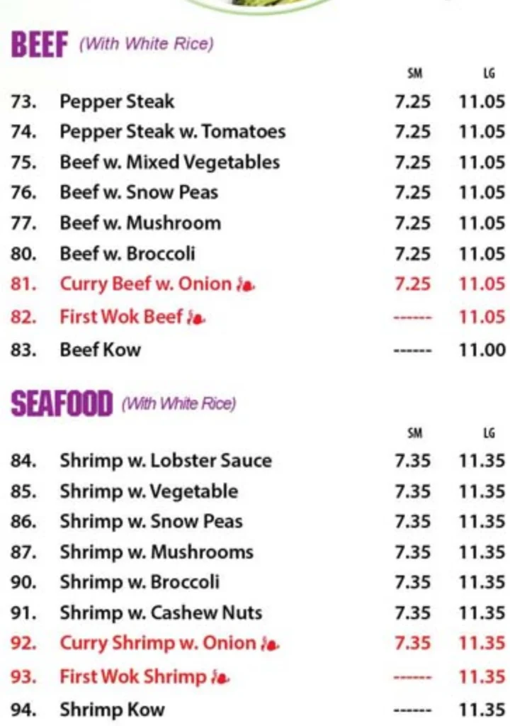 Beef And Seafood Menu